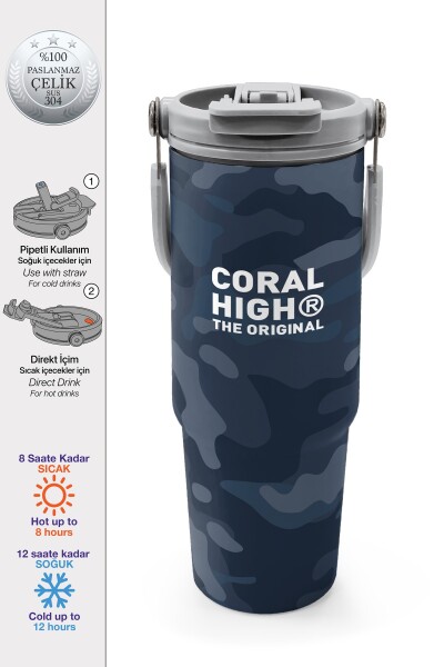 Coral High Kamuflaj Desenli Pipetli ve Direkt İçim Çelik Termos 900 ml 38742 - 1