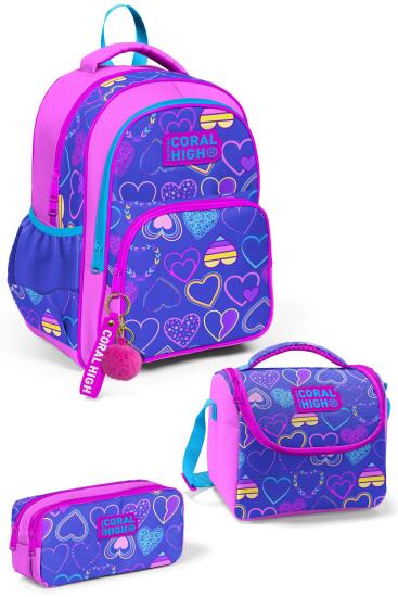 Coral High Kids Açık Pembe Lavanta Kalp Desenli 3'lü Okul Çanta Seti SET0123401 