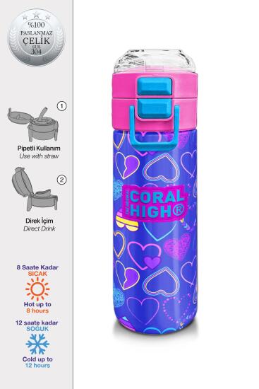 Coral High Kids Açık Pembe Lavanta Kalp Desenli Pipetli ve Direkt İçim Çelik Termos 500 ml 31977 - Coral High KIDS