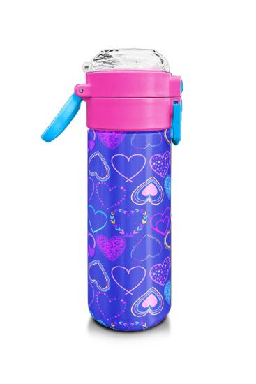 Coral High Kids Açık Pembe Lavanta Kalp Desenli Pipetli ve Direkt İçim Çelik Termos 500 ml 31977 - 2