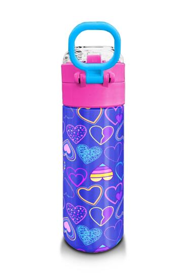 Coral High Kids Açık Pembe Lavanta Kalp Desenli Pipetli ve Direkt İçim Çelik Termos 500 ml 31977 - 3