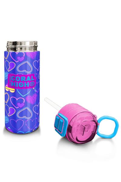 Coral High Kids Açık Pembe Lavanta Kalp Desenli Pipetli ve Direkt İçim Çelik Termos 500 ml 31977 - 4