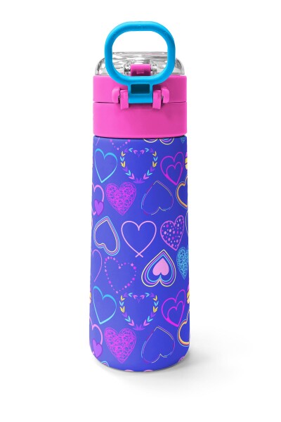 Coral High Kids Açık Pembe Lavanta Kalp Desenli Pipetli ve Direkt İçim Çelik Termos 500 ml 31977 - 5