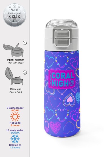 Coral High Kids Açık Pembe Lavanta Kalp Desenli Pipetli ve Direkt İçim Çelik Termos 500 ml 31977 - Coral High KIDS