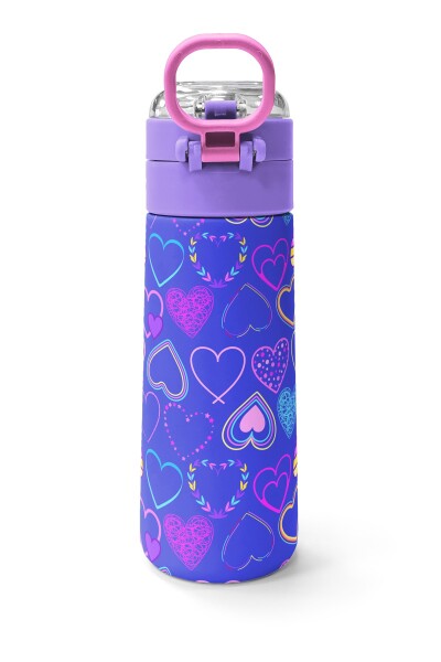Coral High Kids Açık Pembe Lavanta Kalp Desenli Pipetli ve Direkt İçim Çelik Termos 500 ml 31977 - 4