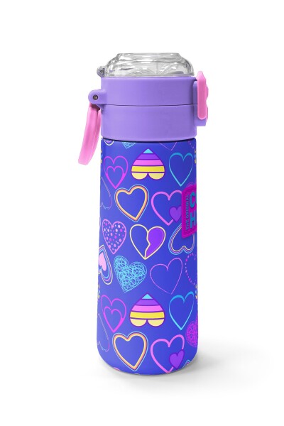 Coral High Kids Açık Pembe Lavanta Kalp Desenli Pipetli ve Direkt İçim Çelik Termos 500 ml 31977 - 2