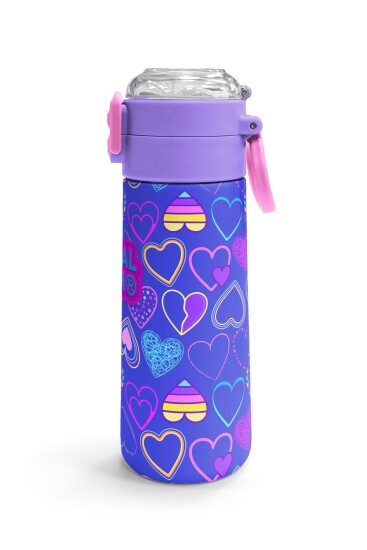 Coral High Kids Açık Pembe Lavanta Kalp Desenli Pipetli ve Direkt İçim Çelik Termos 500 ml 31977 - 3