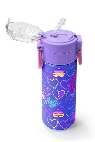 Coral High Kids Açık Pembe Lavanta Kalp Desenli Pipetli ve Direkt İçim Çelik Termos 500 ml 31977 - 5