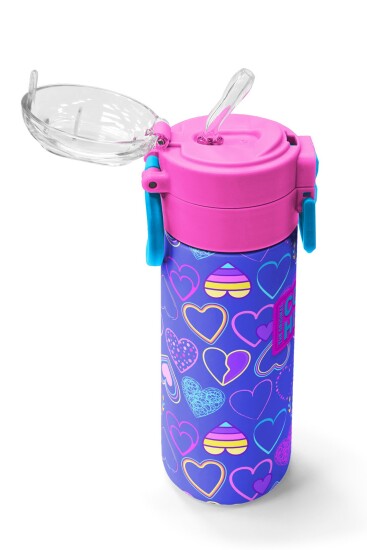 Coral High Kids Açık Pembe Lavanta Kalp Desenli Pipetli ve Direkt İçim Çelik Termos 500 ml 31977 - 5