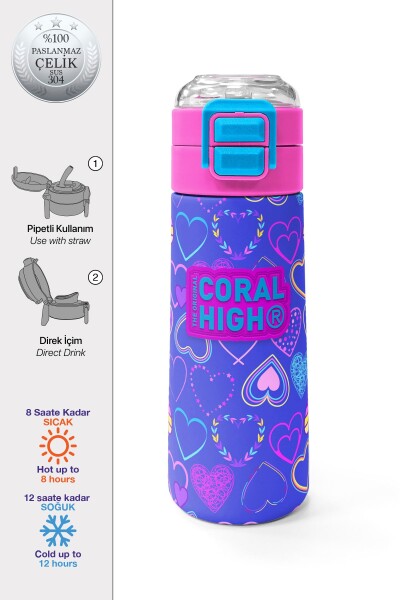 Coral High Kids Açık Pembe Lavanta Kalp Desenli Pipetli ve Direkt İçim Çelik Termos 500 ml 31977 - 1
