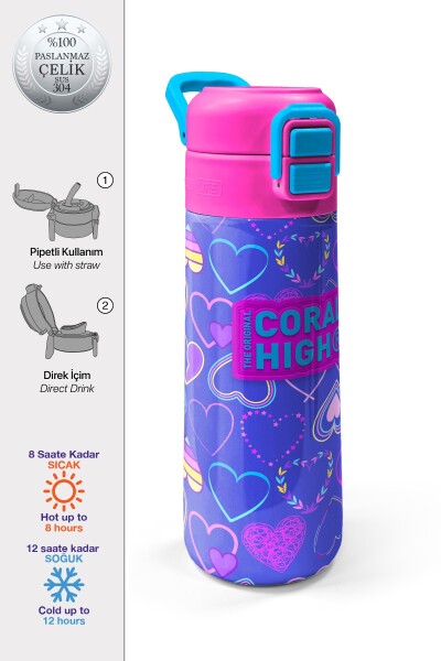 Coral High Kids Açık Pembe Lavanta Kalp Desenli Pipetli ve Direkt İçim Çelik Termos 500 ml 31977 - 1