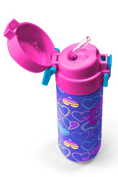 Coral High Kids Açık Pembe Lavanta Kalp Desenli Pipetli ve Direkt İçim Çelik Termos 500 ml 31977 - 2