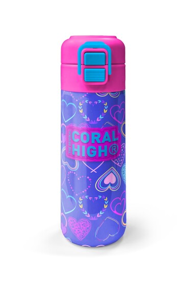 Coral High Kids Açık Pembe Lavanta Kalp Desenli Pipetli ve Direkt İçim Çelik Termos 500 ml 31977 - 4