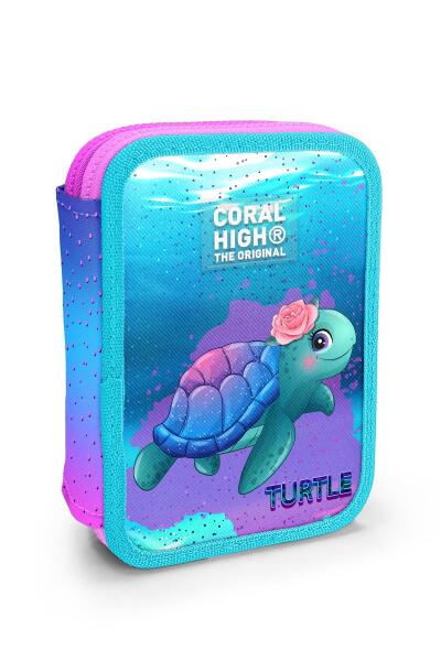 Coral High Kids Açık Pembe Mavi Kaplumbağa Desenli Çift Katlı Kalem Çanta 11134 - 1