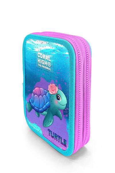 Coral High Kids Açık Pembe Mavi Kaplumbağa Desenli Çift Katlı Kalem Çanta 11134 - 2