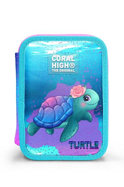 Coral High Kids Açık Pembe Mavi Kaplumbağa Desenli Çift Katlı Kalem Çanta 11134 - 10