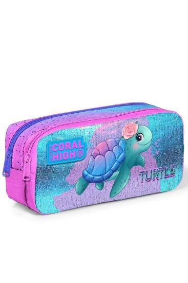 Coral High Kids Açık Pembe Mavi Kaplumbağa Desenli İki Bölmeli Kalem Çantası 12061 - 3
