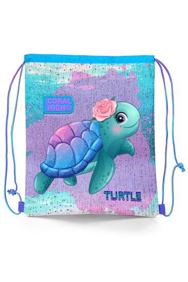 Coral High Kids Açık Pembe Mavi Kaplumbağa Desenli İpli Büzgülü Sırt Çantası 22693 - Coral High KIDS