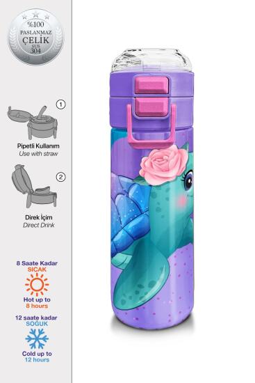 Coral High Kids Açık Pembe Mavi Kaplumbağa Desenli Pipetli ve Direkt İçim Çelik Termos 500 ml 31808 - Coral High KIDS
