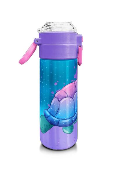 Coral High Kids Açık Pembe Mavi Kaplumbağa Desenli Pipetli ve Direkt İçim Çelik Termos 500 ml 31808 - 2
