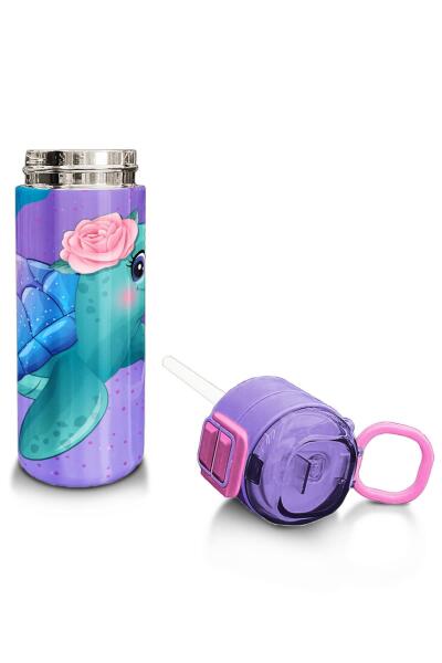 Coral High Kids Açık Pembe Mavi Kaplumbağa Desenli Pipetli ve Direkt İçim Çelik Termos 500 ml 31808 - 4