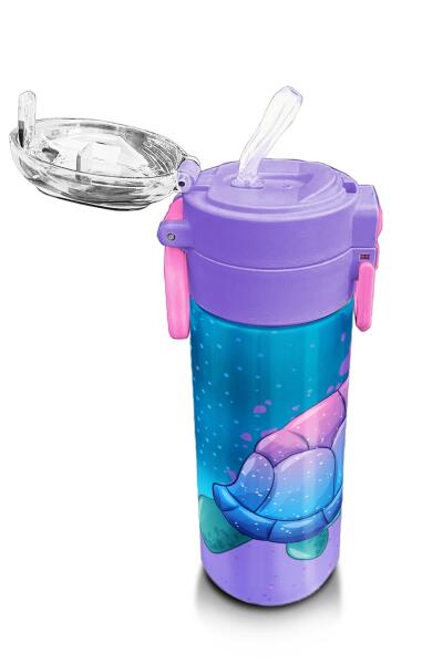 Coral High Kids Açık Pembe Mavi Kaplumbağa Desenli Pipetli ve Direkt İçim Çelik Termos 500 ml 31808 - 5