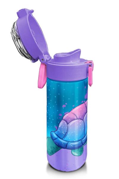Coral High Kids Açık Pembe Mavi Kaplumbağa Desenli Pipetli ve Direkt İçim Çelik Termos 500 ml 31808 - 6