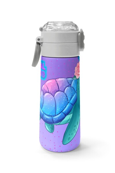 Coral High Kids Açık Pembe Mavi Kaplumbağa Desenli Pipetli ve Direkt İçim Çelik Termos 500 ml 31808 - 2