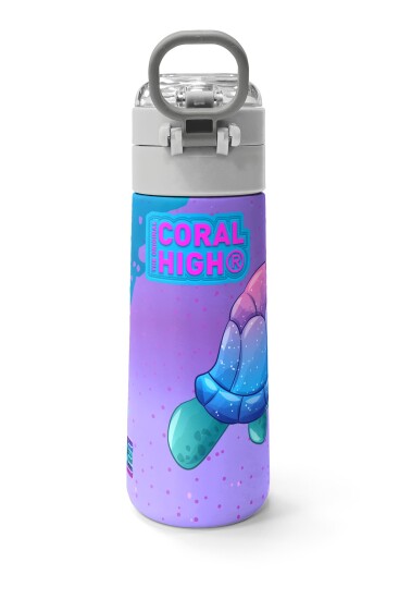 Coral High Kids Açık Pembe Mavi Kaplumbağa Desenli Pipetli ve Direkt İçim Çelik Termos 500 ml 31808 - 4