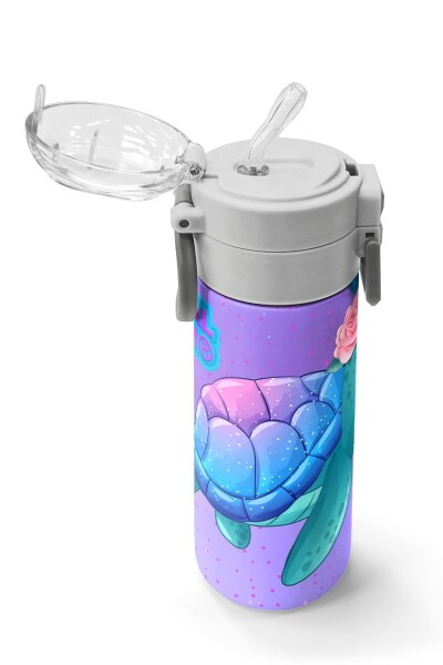 Coral High Kids Açık Pembe Mavi Kaplumbağa Desenli Pipetli ve Direkt İçim Çelik Termos 500 ml 31808 - 5