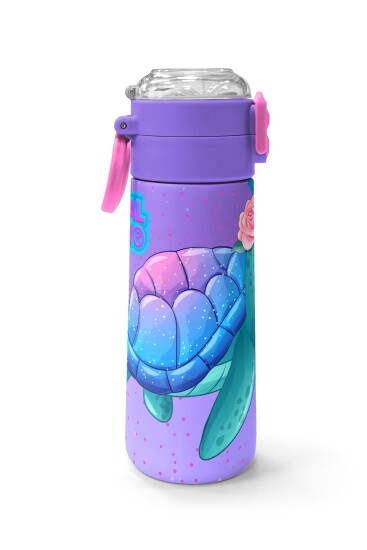 Coral High Kids Açık Pembe Mavi Kaplumbağa Desenli Pipetli ve Direkt İçim Çelik Termos 500 ml 31808 - 2