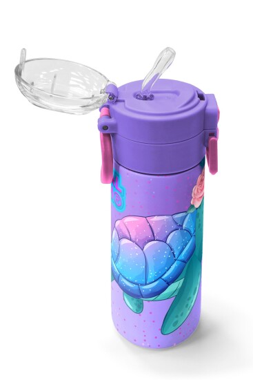 Coral High Kids Açık Pembe Mavi Kaplumbağa Desenli Pipetli ve Direkt İçim Çelik Termos 500 ml 31808 - 5