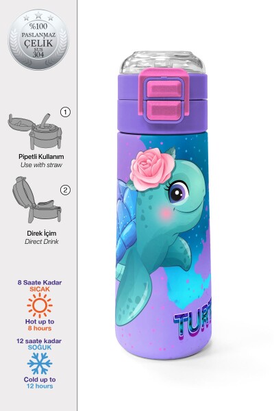 Coral High Kids Açık Pembe Mavi Kaplumbağa Desenli Pipetli ve Direkt İçim Çelik Termos 500 ml 31808 - 1
