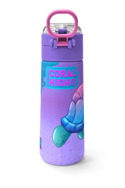 Coral High Kids Açık Pembe Mavi Kaplumbağa Desenli Pipetli ve Direkt İçim Çelik Termos 500 ml 31808 - 4