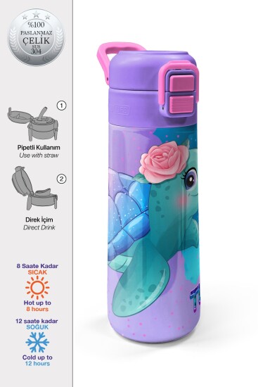Coral High Kids Açık Pembe Mavi Kaplumbağa Desenli Pipetli ve Direkt İçim Çelik Termos 500 ml 31808 