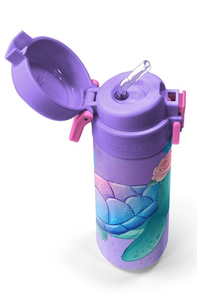Coral High Kids Açık Pembe Mavi Kaplumbağa Desenli Pipetli ve Direkt İçim Çelik Termos 500 ml 31808 - 2