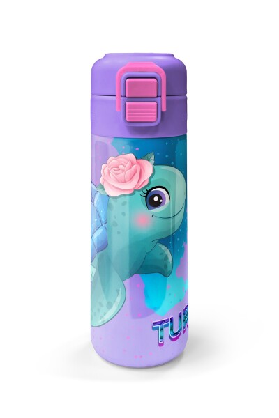 Coral High Kids Açık Pembe Mavi Kaplumbağa Desenli Pipetli ve Direkt İçim Çelik Termos 500 ml 31808 - 4