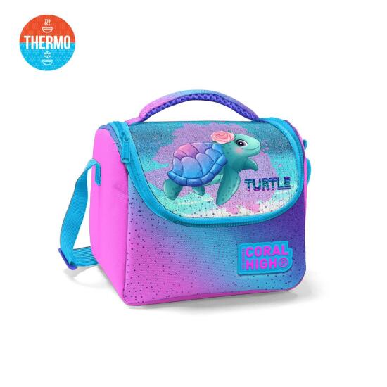 Coral High Kids Açık Pembe Mavi Kaplumbağa Desenli Thermo Beslenme Çantası 11870 