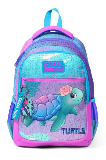 Coral High Kids Açık Pembe Mavi Kaplumbağa Desenli Üç Bölmeli Okul Sırt Çantası 23497 - 9