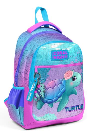Coral High Kids Açık Pembe Mavi Kaplumbağa Desenli Üç Bölmeli Okul Sırt Çantası 23497 - 1