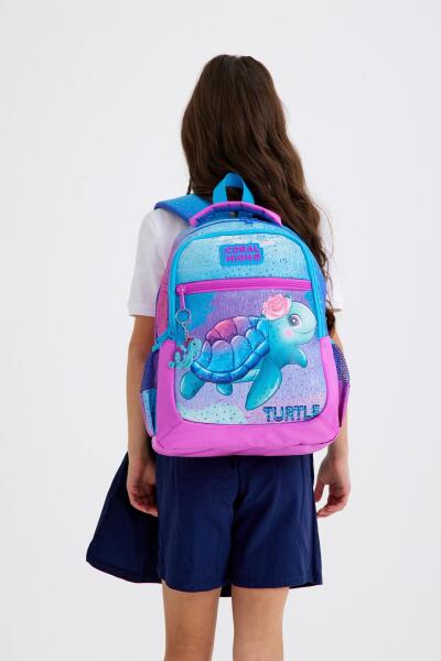 Coral High Kids Açık Pembe Mavi Kaplumbağa Desenli Üç Bölmeli Okul Sırt Çantası 23497 - 2