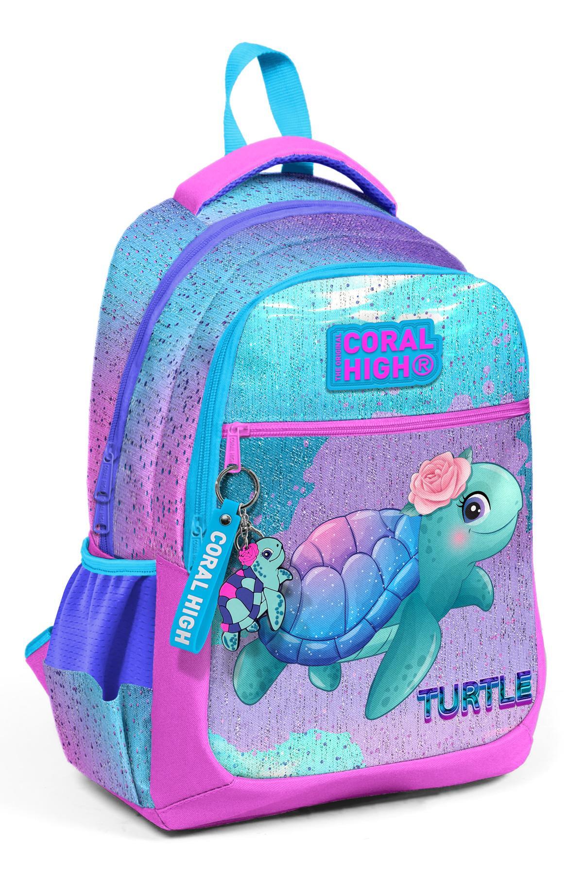 Coral High Kids Açık Pembe Mavi Kaplumbağa Desenli Üç Bölmeli Okul Sırt Çantası 23497