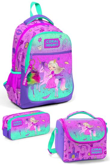 Coral High Kids Açık Pembe Mor Unicornlu Prenses Desenli 3’lü Okul Çanta Seti SET0123481 