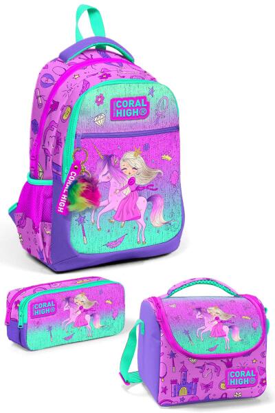 Coral High Kids Açık Pembe Mor Unicornlu Prenses Desenli 3’lü Okul Çanta Seti SET0123481 - 1