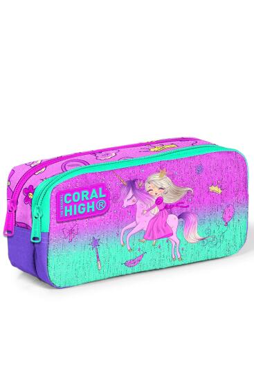 Coral High Kids Açık Pembe Mor Unicornlu Prenses Desenli İki Bölmeli Kalem Çantası 12054 - CORAL HIGH KIDS