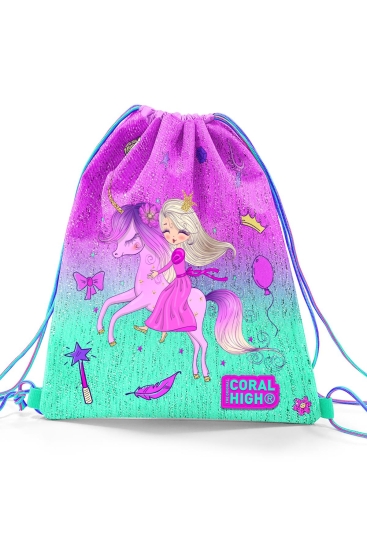Coral High Kids Açık Pembe Mor Unicornlu Prenses Desenli İpli Büzgülü Sırt Çantası 22686 - 2
