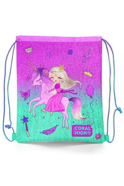 Coral High Kids Açık Pembe Mor Unicornlu Prenses Desenli İpli Büzgülü Sırt Çantası 22686 - 1