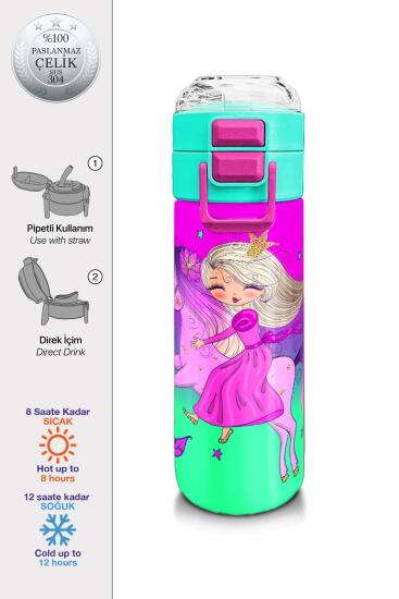Coral High Kids Açık Pembe Mor Unicornlu Prenses Desenli Pipetli ve Direkt İçim Çelik Termos 500 ml 31802 