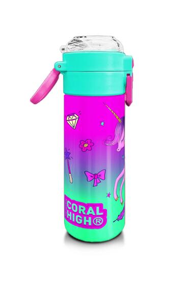 Coral High Kids Açık Pembe Mor Unicornlu Prenses Desenli Pipetli ve Direkt İçim Çelik Termos 500 ml 31802 - 2