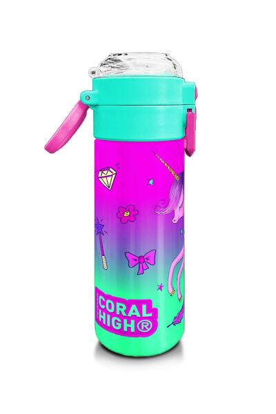 Coral High Kids Açık Pembe Mor Unicornlu Prenses Desenli Pipetli ve Direkt İçim Çelik Termos 500 ml 31802 - 2